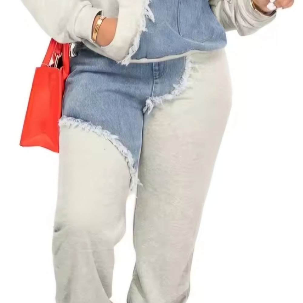 Two-Tone Denim and Gray Frayed Jumpsuit